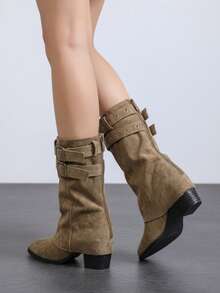 Double Buckle Western Style Mid-Calf Boots, Plus Size Wide Fit Black Square Toe Chunky Heel Slouch Fashion Boots - Khaki - View 4