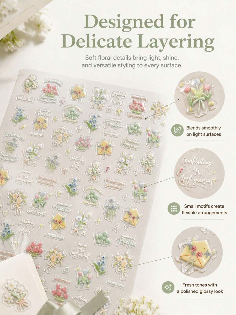 1 Set Decorative Stickers, Phone Stickers, Stickers For Laptop, Elegant Floral Bouquet Printed Aesthetic Decals Comes With Tweezers For Laptop Camera Earphone Case Decoration - Dopamine Floral - View 1