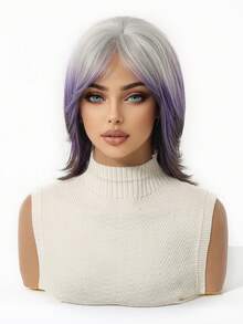 Ombre Silver To Dark Purple Medium Length Layered Synthetic Wig Middle Part, Natural Soft Heat Resistant Full Wig For Daily Cosplay Party Halloween - Ombre - View 6