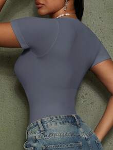 1pc Women Solid Color Shapewear Bodysuit, Tummy Control Slimming Jumpsuit - Dusty Purple - View 3