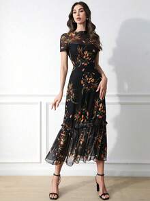 Women's Elegant Leopard Print Short Sleeve Dress with Slight Stretch Fabric, Casual and Chic Fall Style for Everyday Wear - Multicolor2 - Ver 5