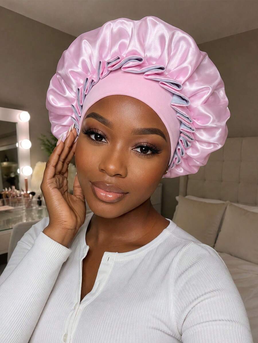 CONFLASS Women's Ruffle Contrast Color Satin Hair Bonnet, Soft Headband Sleep Cap, Silky Large Night Cap, Suitable For Curly And Natural Hair Sleep Hair Care Wrap - Multicolor - View 1