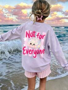 Big Girls Cute "Not For Everyone" Back Print Long Sleeve T-Shirt, Japanese Style Cute Glitter Dumpling Cartoon Pattern Purple Top, Casual Daily Campus Outfit - Mauve Purple - View 8