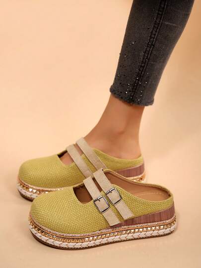 Autumn/Winter New Studded Decor Bohemian Thick Sole Closed-Toe Half-Slingback Breathable Comfortable Casual Elegant Flat Sandals For Women