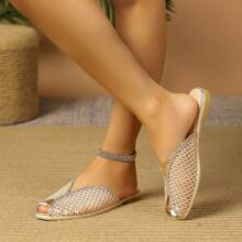 夏季新款網格鏤空露趾平底半後跟時尚透氣網布休閒戶外穿著涼鞋 - 杏色 - 查看 4
