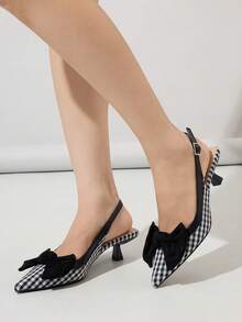 Women's Kitten Heel Shoes, Women's Thin High Heel Bow Closed Toe Sandals Roman Pointed Toe Kitten Heel Shoes Fairy Style Elastic Buckle High Heels, Elegant Women's Shoes, Autumn/Winter New Comfortable Commute Party Shopping Evening Dress Black High Heels, Checkerboard High Heels - Black - View 3