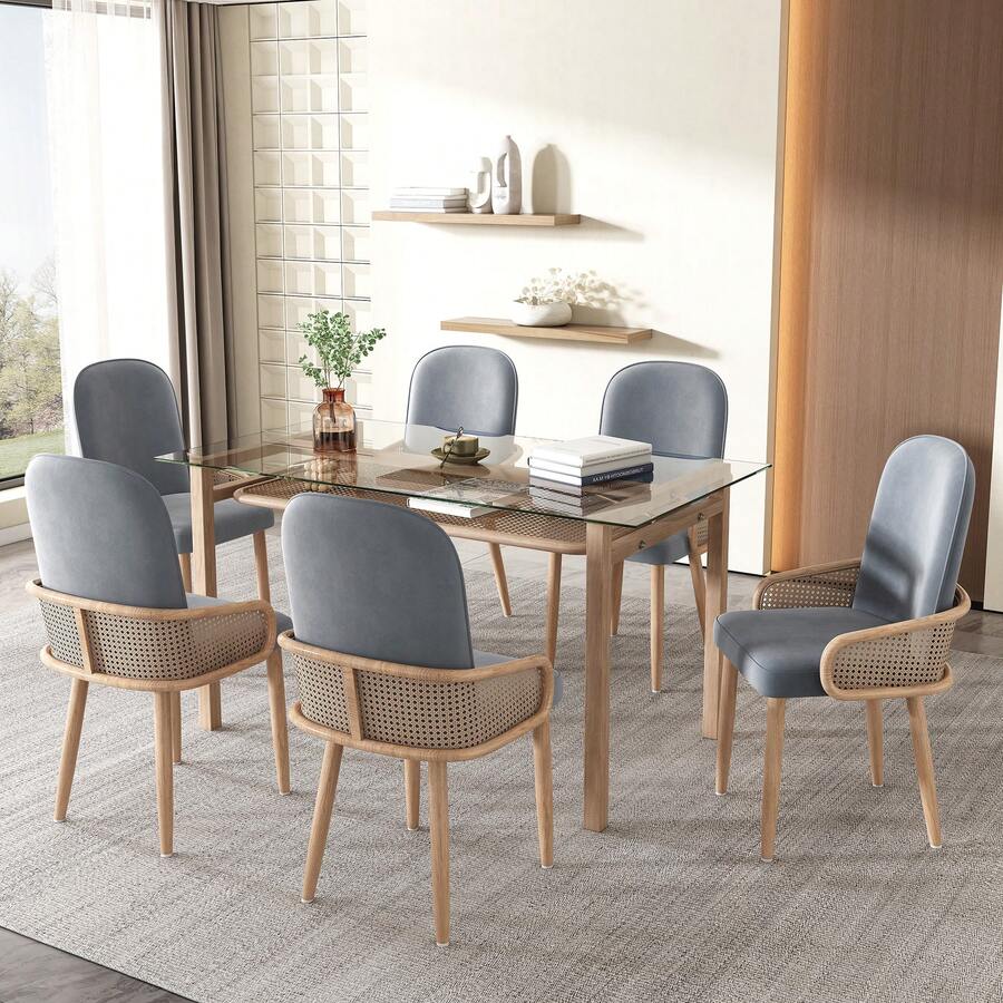 Dining Chair Set Velvet Grey - 6 Piece Set - 灰色 - 查看 1