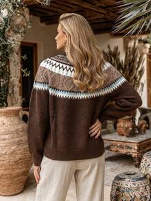 NiceArt Women's Round Neck Fair Isle Pattern Knit Sweater, Long Sleeve Colorblock Cable Knit Casual Pullover - Brown - View 2