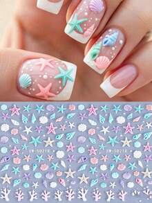 1pc 5D Embossed Ocean Style Nail Art Sticker, Colorful Starfish Shell Coral Pattern, Summer Beach Theme Nail Decoration, DIY Self-Adhesive Nail Decal, Suitable For Women And Girls - Multicolor - View 1