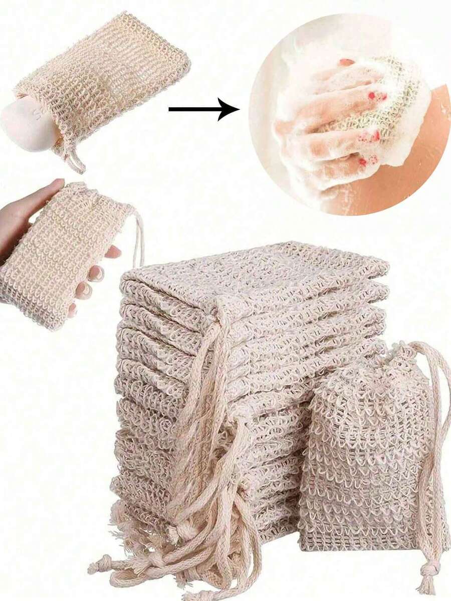 5/3/1pc Light‑Beige Ramie Soap Mesh Bags,Drawstring Closure, Quickly Create Rich Foam & Gently Exfoliate Skin,For Home Bathroom,Homestay Bath,Travel Toiletry Storage,Breathable Anti‑Slip Bath Accessory,Shower Accessories,Shower Fiber,Soap Dispenser