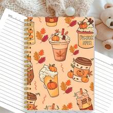 1pc A5 Spiral Bound Notebook, Pumpkin Spice Latte Fall Coffee Cup Pattern Journal, Cute Autumn Maple Leaf Print Lined Writing Notebook, Back‑To‑School Daily Planner For Notes & Diary - Autumn - View 1