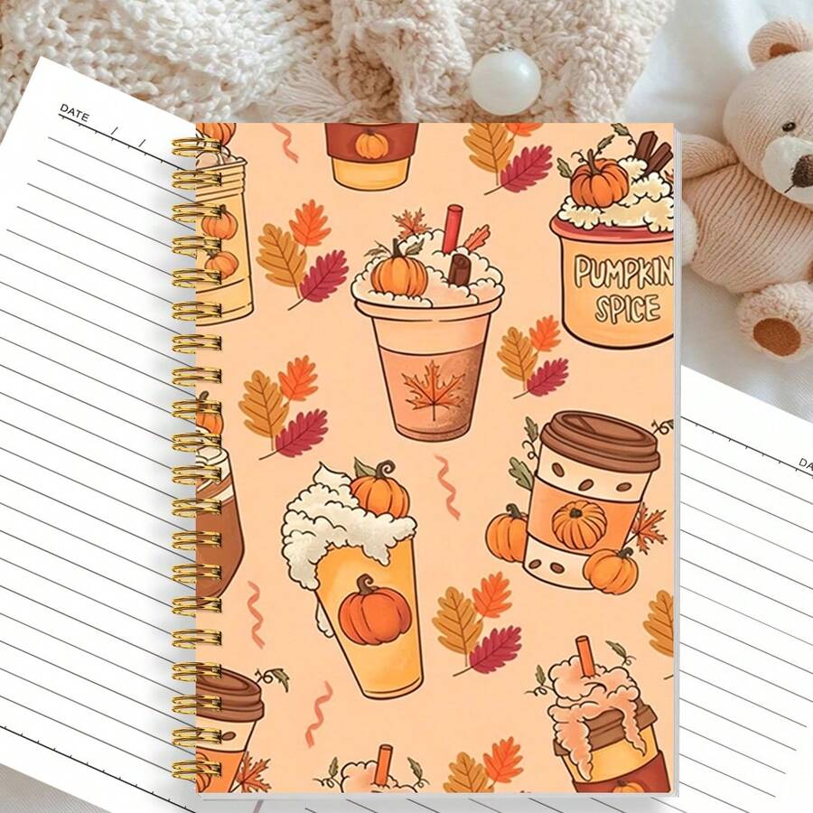 1pc A5 Spiral Bound Notebook, Pumpkin Spice Latte Fall Coffee Cup Pattern Journal, Cute Autumn Maple Leaf Print Lined Writing Notebook, Back‑To‑School Daily Planner For Notes & Diary - Autumn - View 1
