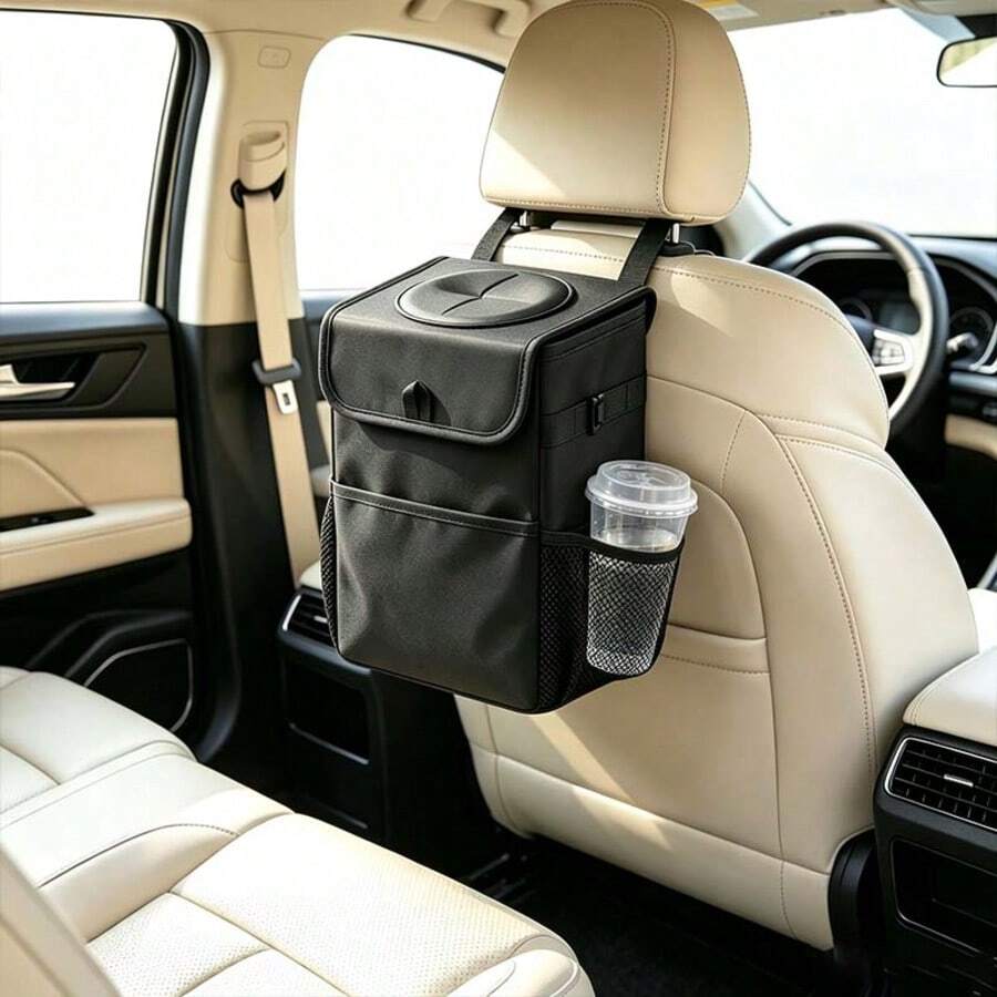 附蓋汽車垃圾桶,防水防漏懸掛式車用垃圾桶,多收納口袋迷你車內廢物桶,適用前座與後座車內收納整理 - 黑色 - 查看 1