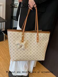 規則印花外觀裝飾，寬敞內裡可容納多種個人物品，拉鍊開合結構，簡約復古風格，經典肩背托特包，加長肩帶方便靈活攜帶，適合日常通勤與旅行，輕鬆搭配各種穿搭風格 - 米色 - 查看 4