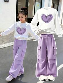 Tween Girl Cartoon Print Warm Crew Neck Sweatshirt And Cargo Pants - White - View 1