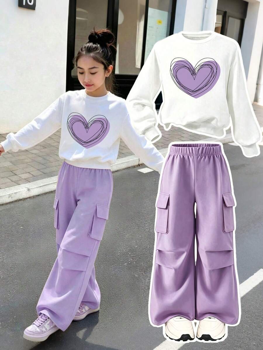 Tween Girl Cartoon Print Warm Crew Neck Sweatshirt And Cargo Pants - White - View 1
