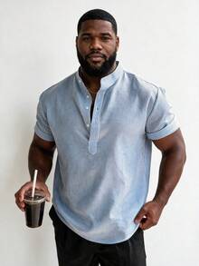 Men's Fashion Textured Striped Shirt, Stand Collar Half-Placket Design, Versatile Clean Fresh Summer New Casual Commute Plus Size Short Sleeve Top - Blue - View 1