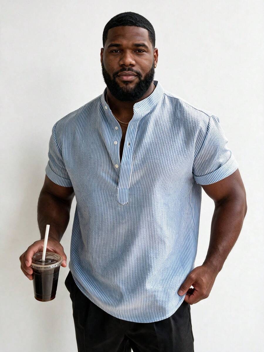 Men's Fashion Textured Striped Shirt, Stand Collar Half-Placket Design, Versatile Clean Fresh Summer New Casual Commute Plus Size Short Sleeve Top - Blue - View 1