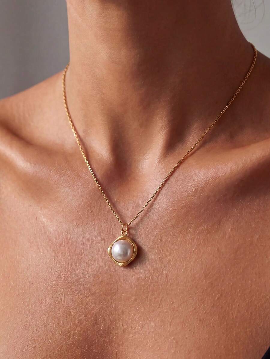 1pc Stainless Steel 18k Gold Plating Necklace Elegance Faux Pearl Pendant Necklace Wedding Necklace Jewelry For Women Gifts - Gold - View 1
