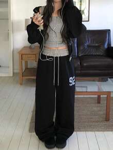 Vintage Printed Distressed Zip-Up Hoodie - Black - View 8
