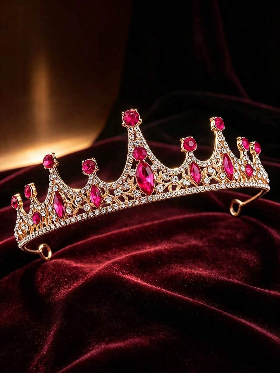 1pc Bridal Wedding Crown Headpiece Crystal Rhinestone Embellished Hair Hoop New Style Tiara - 4212 Rose Red - View 1