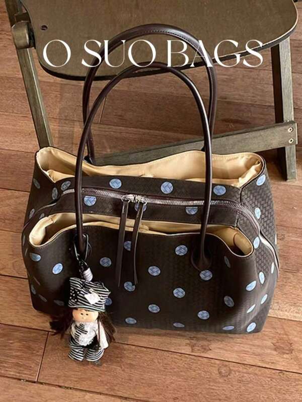 Vintage Large Capacity Colorblock PU Faux Woven Embossed Fabric Tote Bag, Korean Style Niche Polka Dot Shoulder Bag, Dual Handle Design, Multi-Compartment Fashion Lightweight Commuter Bag, Suitable For Daily Use And Short Trips, Outings And Vacations, Versatile Handbag For Women (Pendant Not Included)