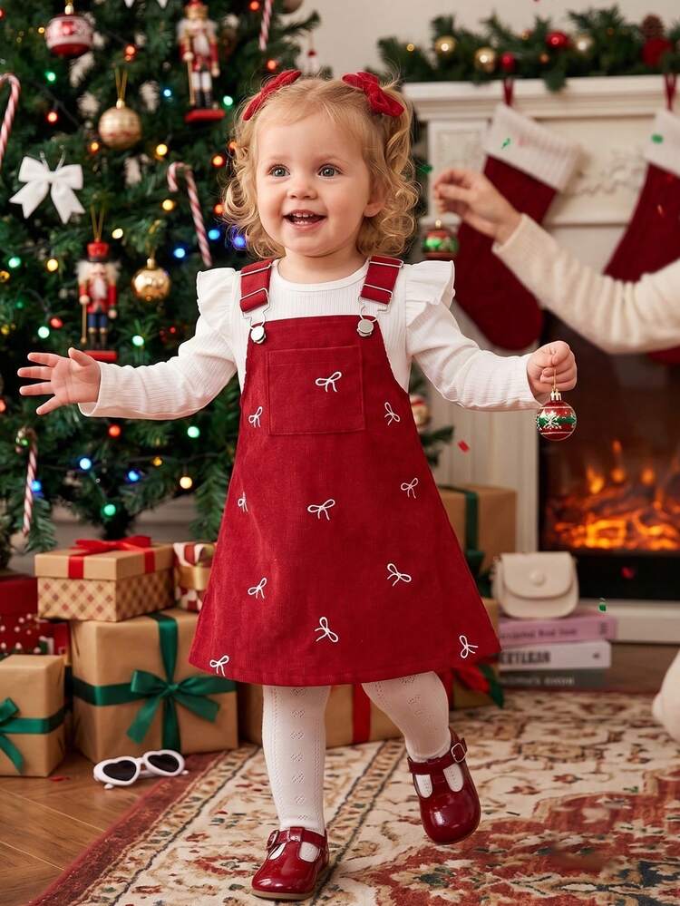 Baby Girls Valentine's Day Solid Ribbed Ruffle Trim Long Sleeve Top + Bow Embroidered Corduroy Suspender Skirt - Burgundy - View 2