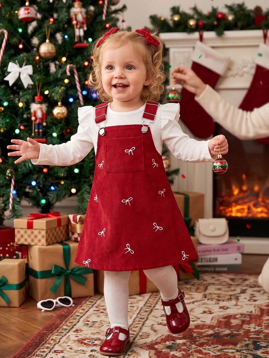 Baby Girls Valentine's Day Solid Ribbed Ruffle Trim Long Sleeve Top + Bow Embroidered Corduroy Suspender Skirt - Burgundy - View 1
