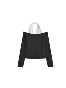 Autumn/Winter French Style Black Halter Neck 2-In-1 Long Sleeve T-Shirt Women's High-End Fashion Innerwear Halter Top - Black - View 4