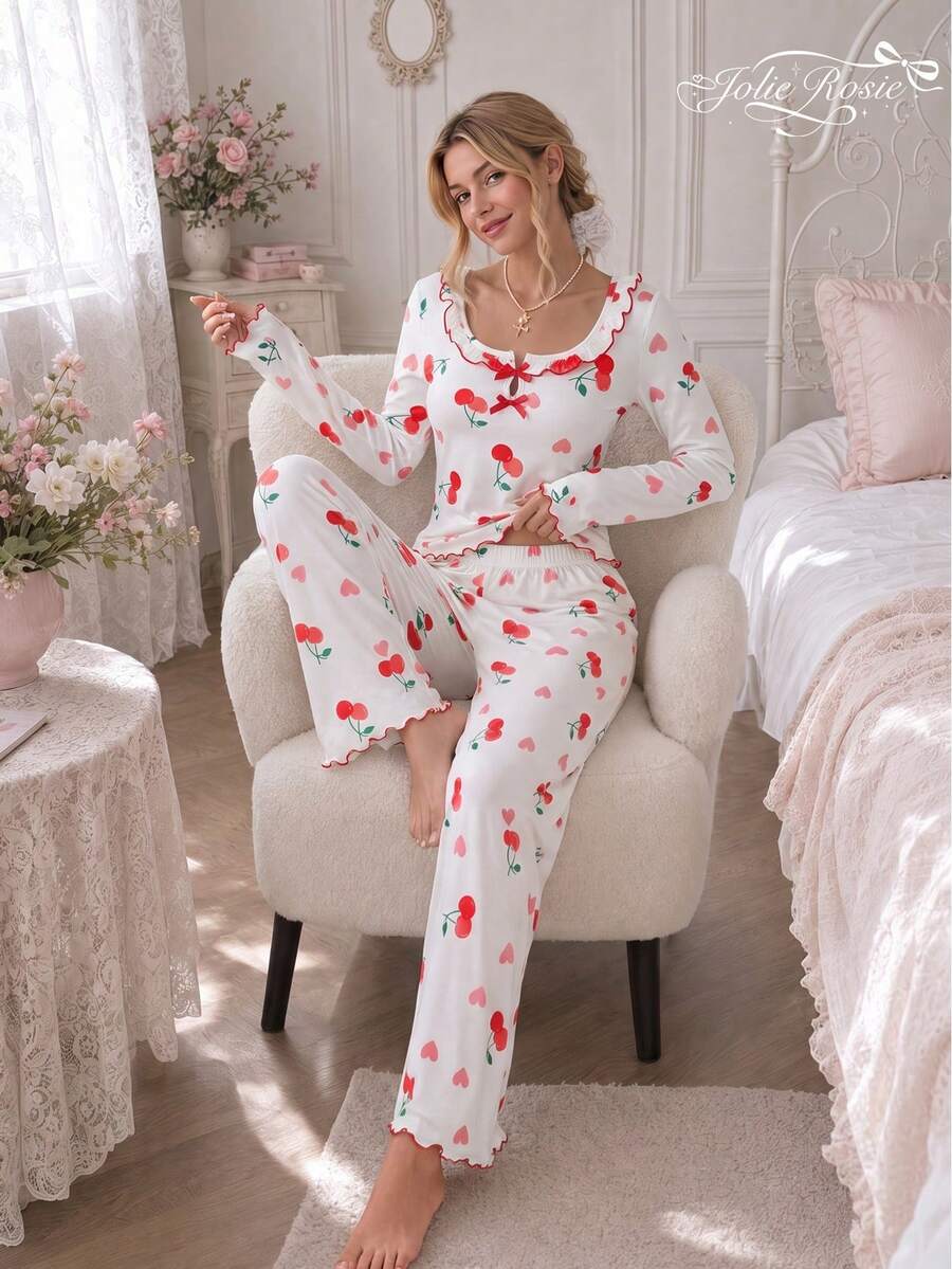 2pcs Women Casual Cherry Print Ruffle Trim Long Sleeve Square Neck Loungewear Set, Autumn
