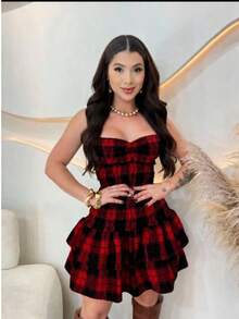 Women's Strapless Plaid Dress Winter Fashion  Comfortable - 紅木色 - 查看 2
