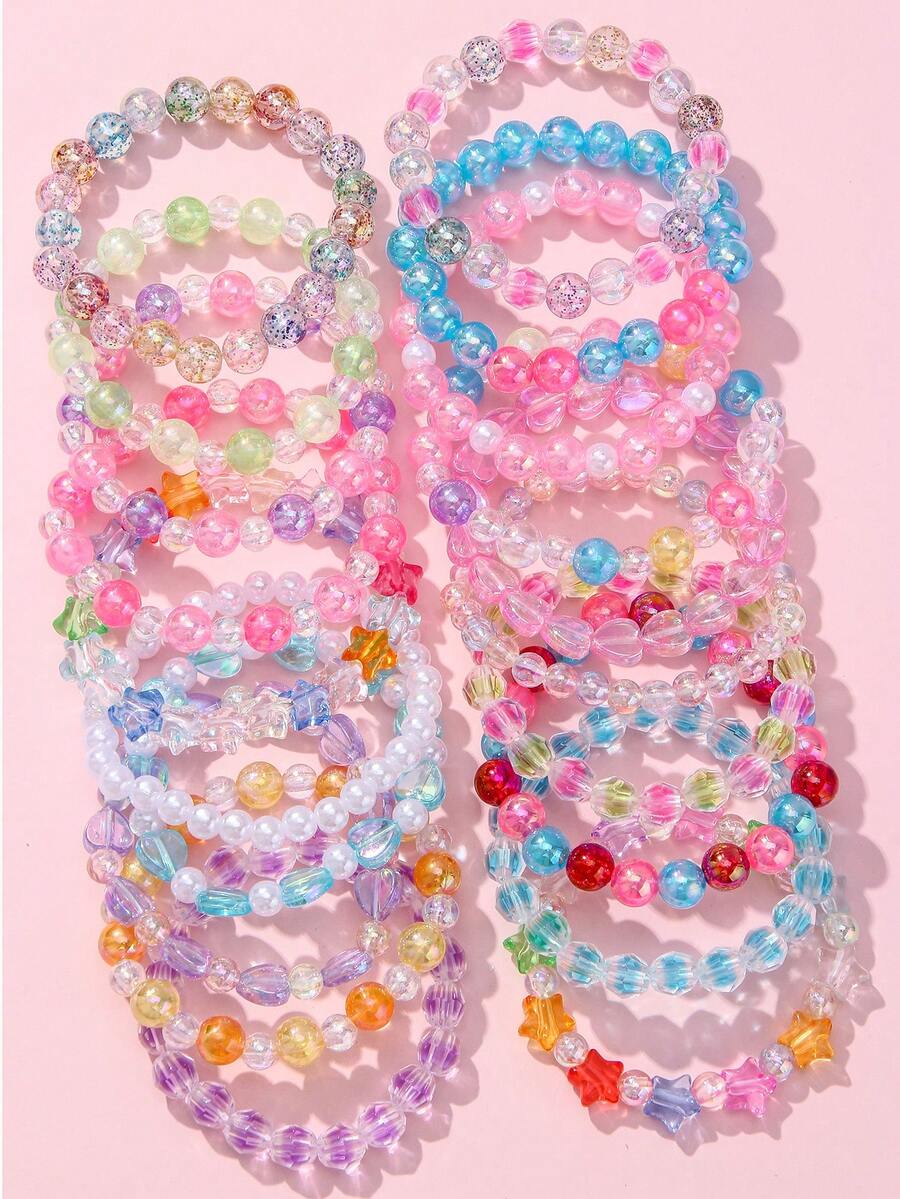 20pcs Heart & Star Charm Multicolor Beaded Children's Bracelet Set, Random Colors, Suitable For Daily Wear And Birthday Gifts