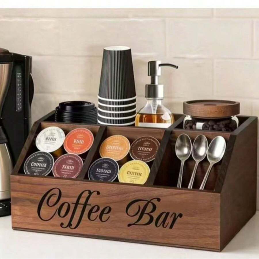 Vintage Wooden Coffee Storage Box, Multi-Compartment Capsule Coffee Holder, Home Bar Disposable Paper Cup & Spoon Organizer, Desktop Coffee Corner Divided Storage Box - Multicolor - View 1