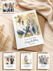 1pc Personalized Watercolor Portrait Birthday Greeting Card With Envelope, Custom Photo Hand‑Drawn Family Best Friend Art Card, Custom Text Date Customized Birthday Wish Card For Friendship Gift. - Multicolor - View 2