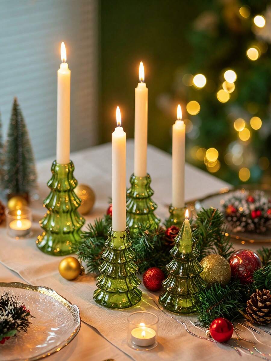 1pc Green Glass Christmas Tree Shaped Conical Candle Holder, Desktop Candle Holder, Christmas Home Desktop Decor, Holiday Party Decoration Ornament - Multicolor - View 1