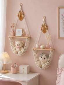 1pc Cream White Decorative Hanging Storage Rack Bohemian Farmhouse Style Triangle Hanging Design Tassel Net Hammock Display Storage Rack Plush Doll Storage Display Rack Bedroom Nursery Living Room Game Room Apartment Home Decor Wall Shelf - Beige - View 3