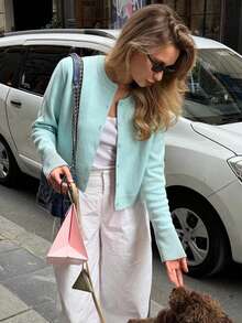 Senya 2026 Women's Mint Green Knit Cardigan, Crew Neck Button Front Long Sleeve Sweater, Slim Fit Cropped Preppy Minimalist Casual Spring Fall Top - Mint Blue - View 4