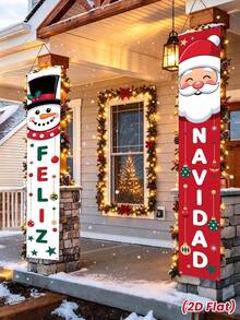 Feliz Navidad聖誕吊掛橫幅門廊裝飾牌與聖誕樹雪花圖案背景布,適用居家庭院室內外牆面門口派對裝飾 - 聖誕節C - 查看 9