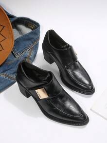 Women's Textured Stitching Square Metal Decor Minimalist Solid Color Pointed Toe Strap Loafers With Block Heel, Urban Commute Business Meeting Cocktail Party Date Spring Autumn Black Shoes - Black - View 8