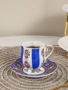 1pc Ceramic Coffee Cup & Saucer Set, 3-Legged Design, Suitable For Home, Club, Cafe Use, Gift - Multicolor - View 1