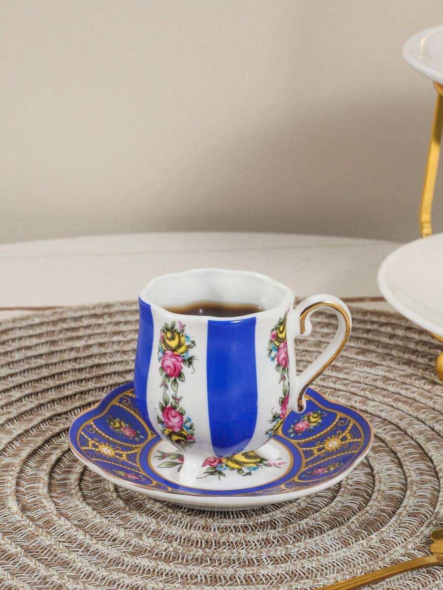 1pc Ceramic Coffee Cup & Saucer Set, 3-Legged Design, Suitable For Home, Club, Cafe Use, Gift - Multicolor - View 1