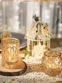12pcs Vintage Transparent Glass Tea Candle Holders, For Wedding Table Decor, Bridal Shower Decor, Bohemian Tea Party Decor And Wedding Party Guest Favors - Transparent - View 6