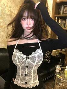 Atasan Dalaman Wanita Model Halterneck dengan Renda dan Pita, Lengan Panjang, Melangsingkan Pinggang - Hitam - View 2