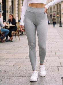 Women's Black Polyester Slim Fit Long Pants, High Waist Tight Leggings, Slight Stretch, Comfortable For Daily Wear - Grey - View 5