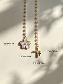 1pc Pearl Chain Alloy Cherry Blossom Car Rearview Mirror Pendant, Rhinestone Cross Car Hanging Ornament, Flower Rhinestone Cross Car Pendant, Universal Car Rearview Mirror Interior Decoration Accessory - Flower Cross - View 7