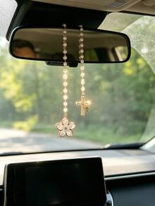 1pc Pearl Chain Alloy Cherry Blossom Car Rearview Mirror Pendant, Rhinestone Cross Car Hanging Ornament, Flower Rhinestone Cross Car Pendant, Universal Car Rearview Mirror Interior Decoration Accessory - Flower Cross - View 1