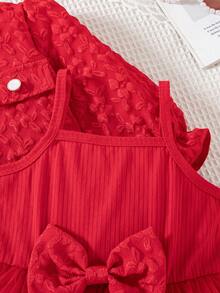 Baby Girls 2pcs/Set Valentine's Day Red Jacquard Button Design Long Sleeve Jacket & Bow Tulle Spaghetti Strap Dress, Sweet Princess Holiday Outfit Set - Red - View 7