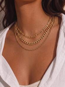 3pcs Fashion Casual Metal Gold Color Necklace Thick Chain Layered Collarbone Chain Multi-Layer Women's Neck Chain Jewelry Accessories Suitable For Daily Wear, Outings, Dating, Music Festivals - Gold - View 1