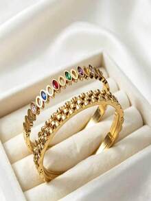 Luxury Elegant Rainbow 2pcs Bracelet Set, 18K Gold Plated Stainless Steel Material, Colorful Cubic Zirconia Bracelet, Minimalist Fashion New Jewelry, Suitable For Women's Daily Wear Jewelry Gift - Gold - View 5