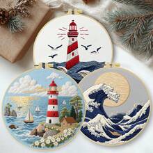 1PC 20*20cm/7.9*7.9in,Ocean Theme: Waves And Lighthouses Embroidery Kit, DIY Handmade Embroidery Set For Adult Beginners, Home Gift, Women's Sewing Gift, Including User Manual, Printed Pattern Fabric, Embroidery Frame, Needle And Thread. - Waves - View 2